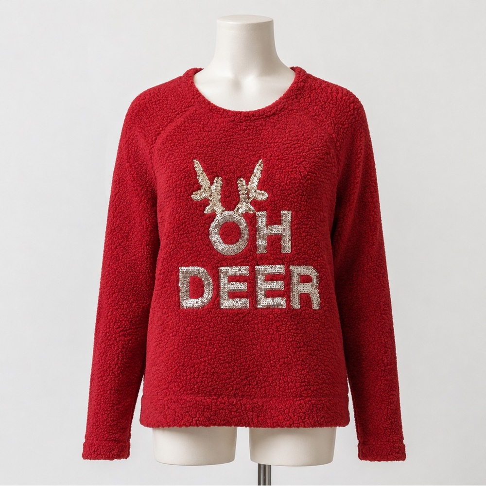 Faded Glory Sweater Womens Large Red Sherpa Fleece Ugly Christmas Holiday Sequin